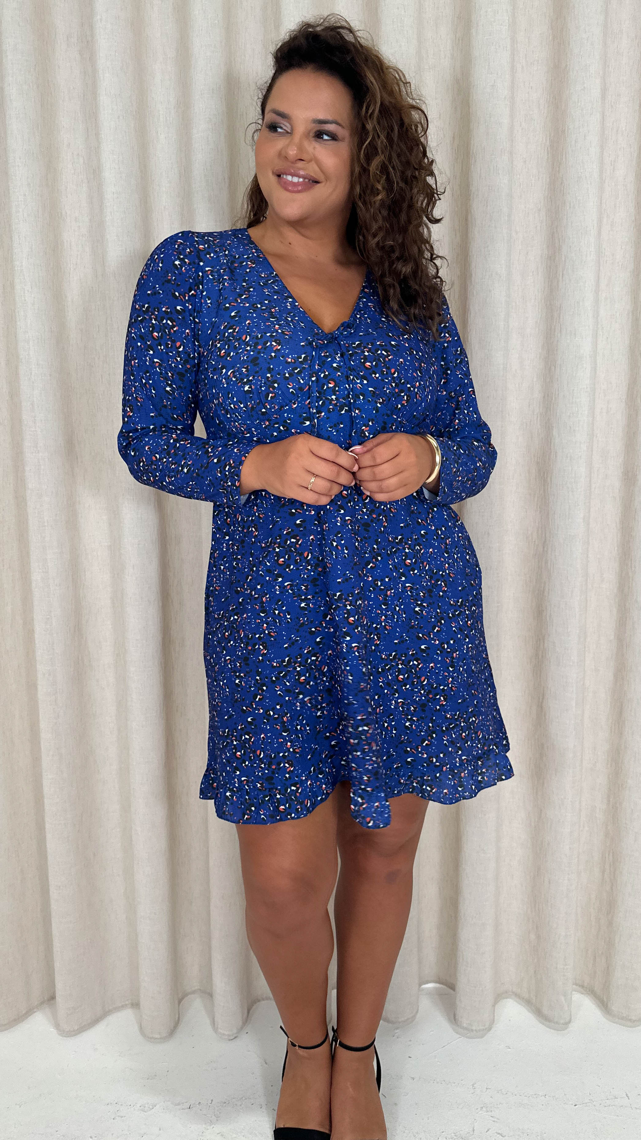 CurveWow Tie Front Mini Dress Blue Animal