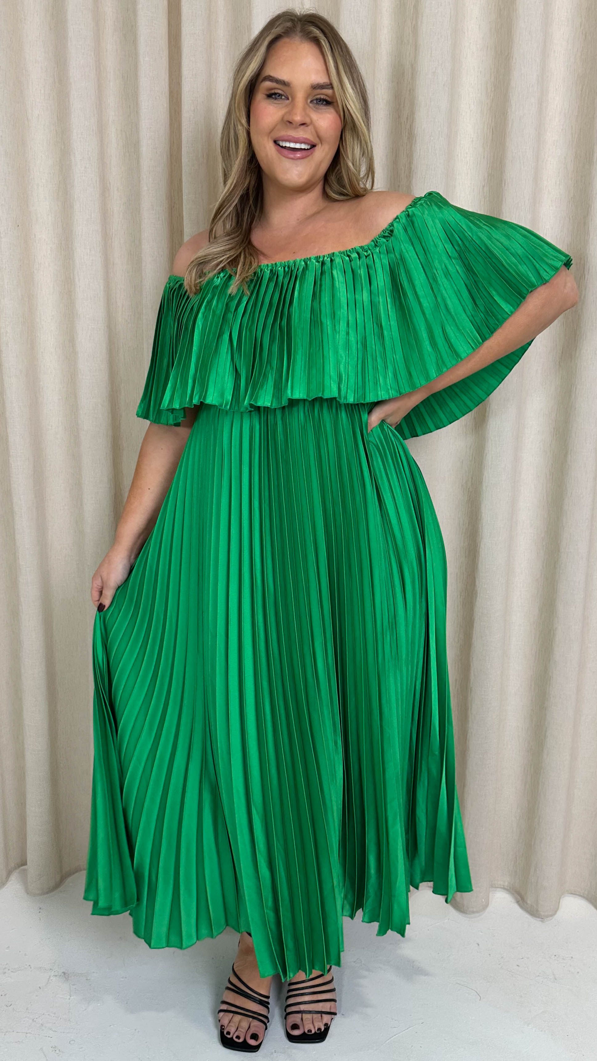 CurveWow Pleated Bardot Maxi Dress Emerald Green