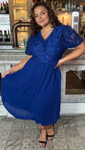 CurveWow V-Neck Lace Top Pleat Dress Navy