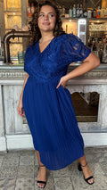 CurveWow V-Neck Lace Top Pleat Dress Navy