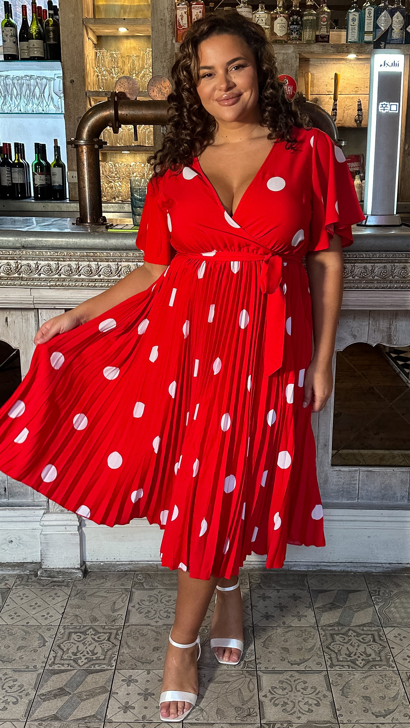 red polka dot wrap top