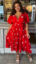CurveWow Wrap Angel Sleeve Pleated Midi Dress Red Polka Dots