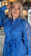 CurveWow Lace Tie Waist Shirt Dress Cobalt Blue