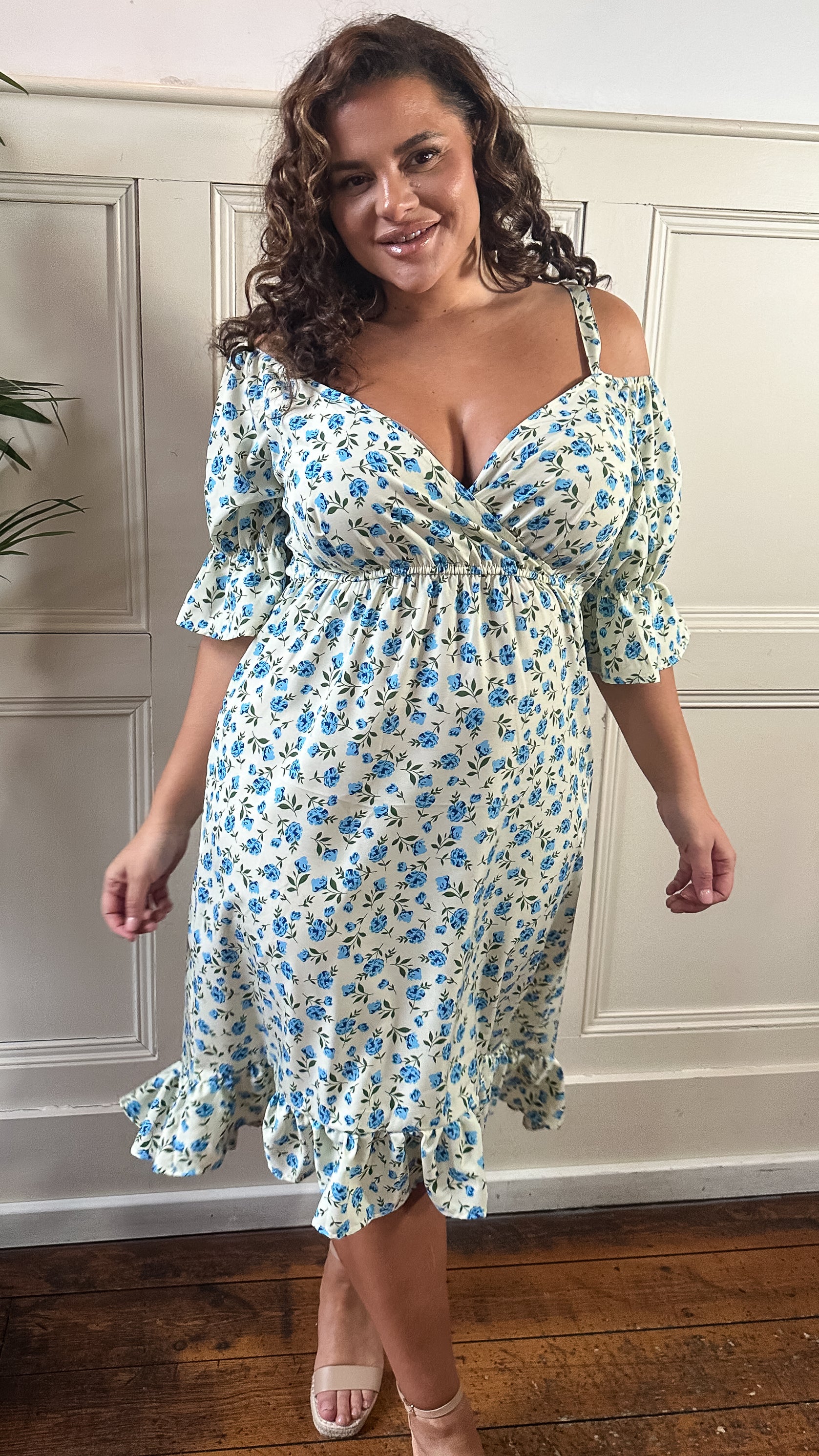 CurveWow Cold Shoulder Frill Dress Blue Ditsy