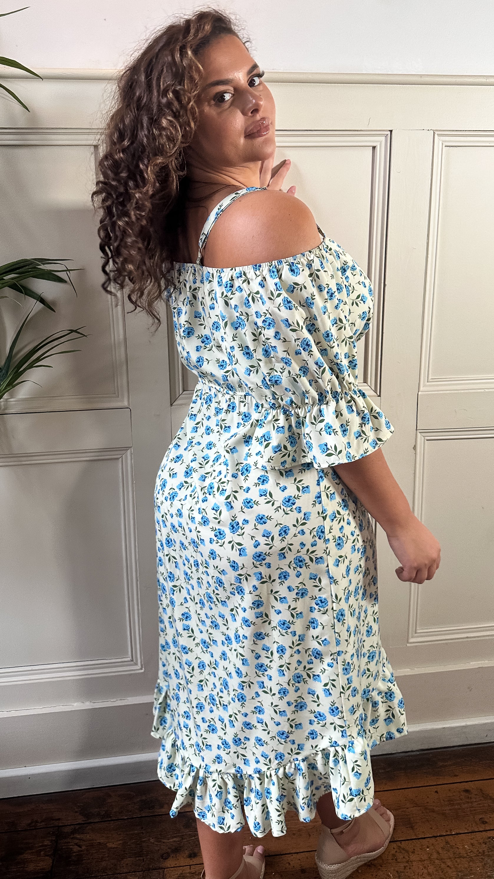 CurveWow Cold Shoulder Frill Dress Blue Ditsy