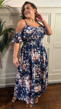 CurveWow Ruffle Cold Shoulder Maxi Dress Navy Floral