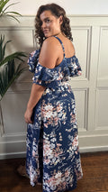 CurveWow Ruffle Cold Shoulder Maxi Dress Navy Floral