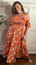 CurveWow Ruffle Cold Shoulder Maxi Dress Orange Ditsy Floral
