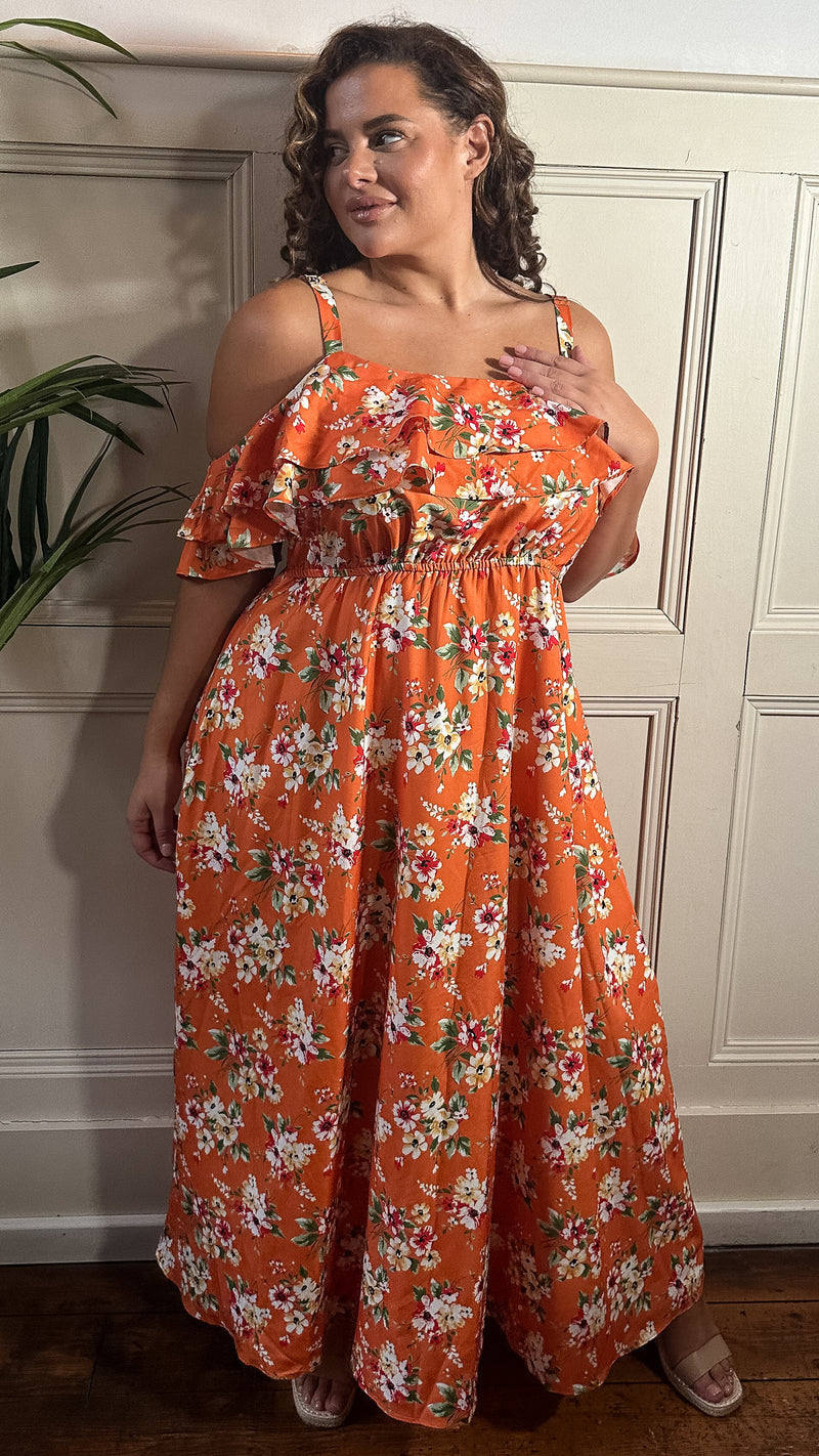 CurveWow Ruffle Cold Shoulder Maxi Dress Orange Ditsy Floral