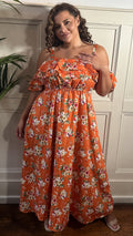 CurveWow Ruffle Cold Shoulder Maxi Dress Orange Ditsy Floral