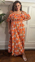 CurveWow Ruffle Cold Shoulder Maxi Dress Orange Ditsy Floral
