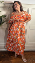 CurveWow Ruffle Cold Shoulder Maxi Dress Orange Ditsy Floral