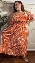 CurveWow Ruffle Cold Shoulder Maxi Dress Orange Ditsy Floral