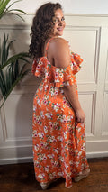 CurveWow Ruffle Cold Shoulder Maxi Dress Orange Ditsy Floral