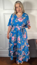 CurveWow V-Neck Ruffle Hem Floral Maxi Dress Blue Tropical