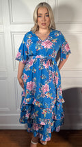 CurveWow V-Neck Ruffle Hem Floral Maxi Dress Blue Tropical