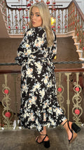 CurveWow Wrap Waist Tiered Hem Midi Dress Black Floral