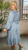 CurveWow Wrap Waist Tiered Hem Midi Dress Blue Ditsy Floral