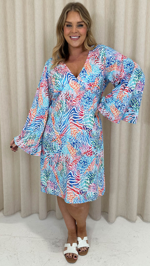 CurveWow V Neck Long Angel Sleeve Mini Dress Mixed Animal