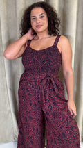 CurveWow Printed Shirred Cami Jumpsuit Red & Navy Print