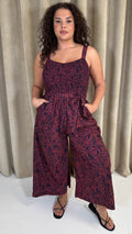 CurveWow Printed Shirred Cami Jumpsuit Red & Navy Print