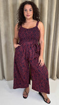 CurveWow Printed Shirred Cami Jumpsuit Red & Navy Print