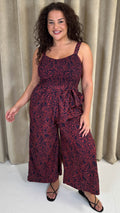 CurveWow Printed Shirred Cami Jumpsuit Red & Navy Print