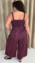 CurveWow Printed Shirred Cami Jumpsuit Red & Navy Print