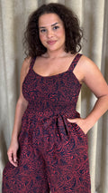 CurveWow Printed Shirred Cami Jumpsuit Red & Navy Print