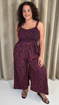 CurveWow Printed Shirred Cami Jumpsuit Red & Navy Print