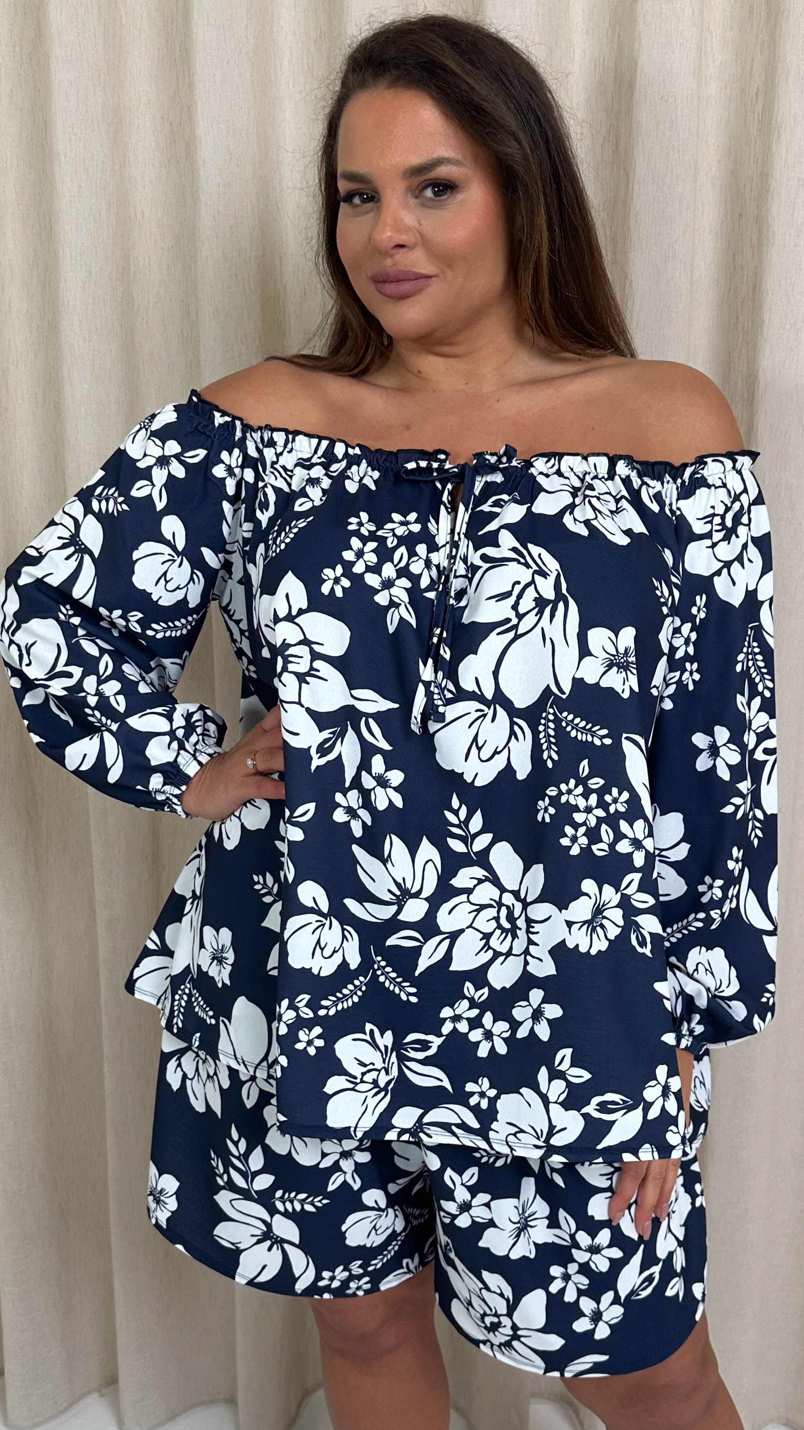 CurveWow Off The Shoulder Tie Front Top Navy & White Floral