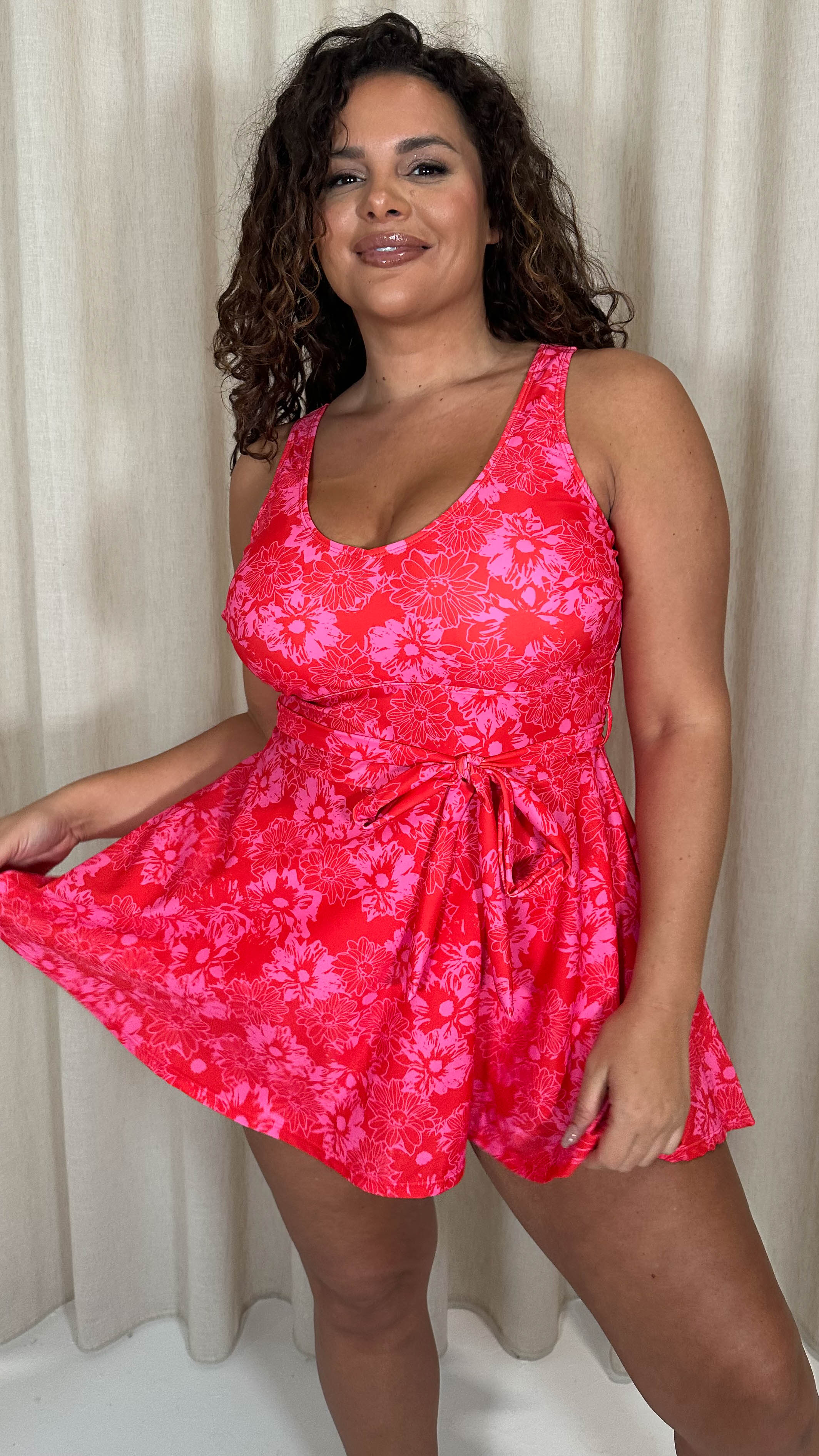 CurveWow Printed Tie Waist Swimdress Red Floral