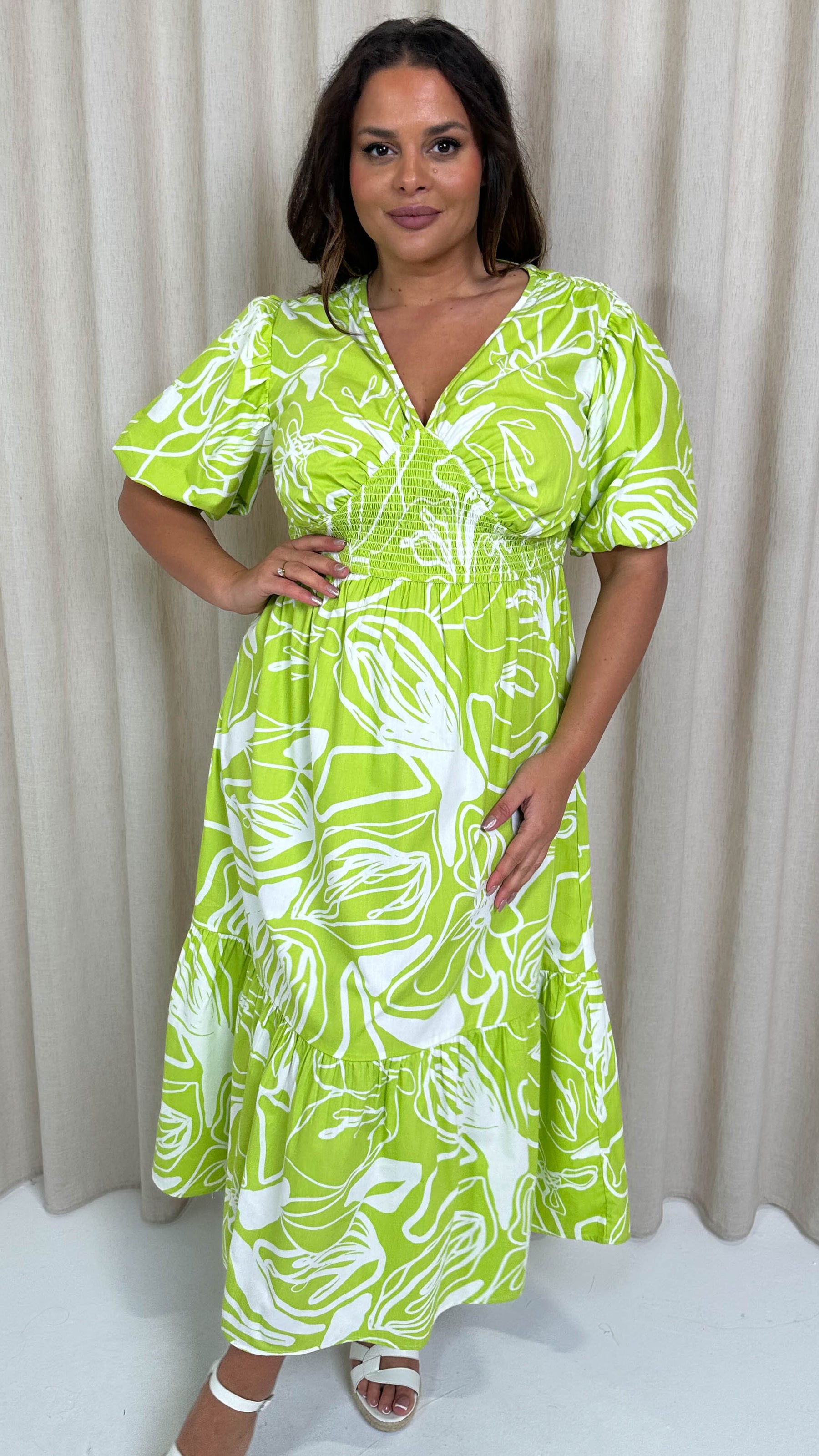 CurveWow Puff Sleeve Vneck Maxi Dress Lime Abstract Curvewow CurveWow Puff Sleeve Vneck Maxi Dress Lime Abstract Curvewow