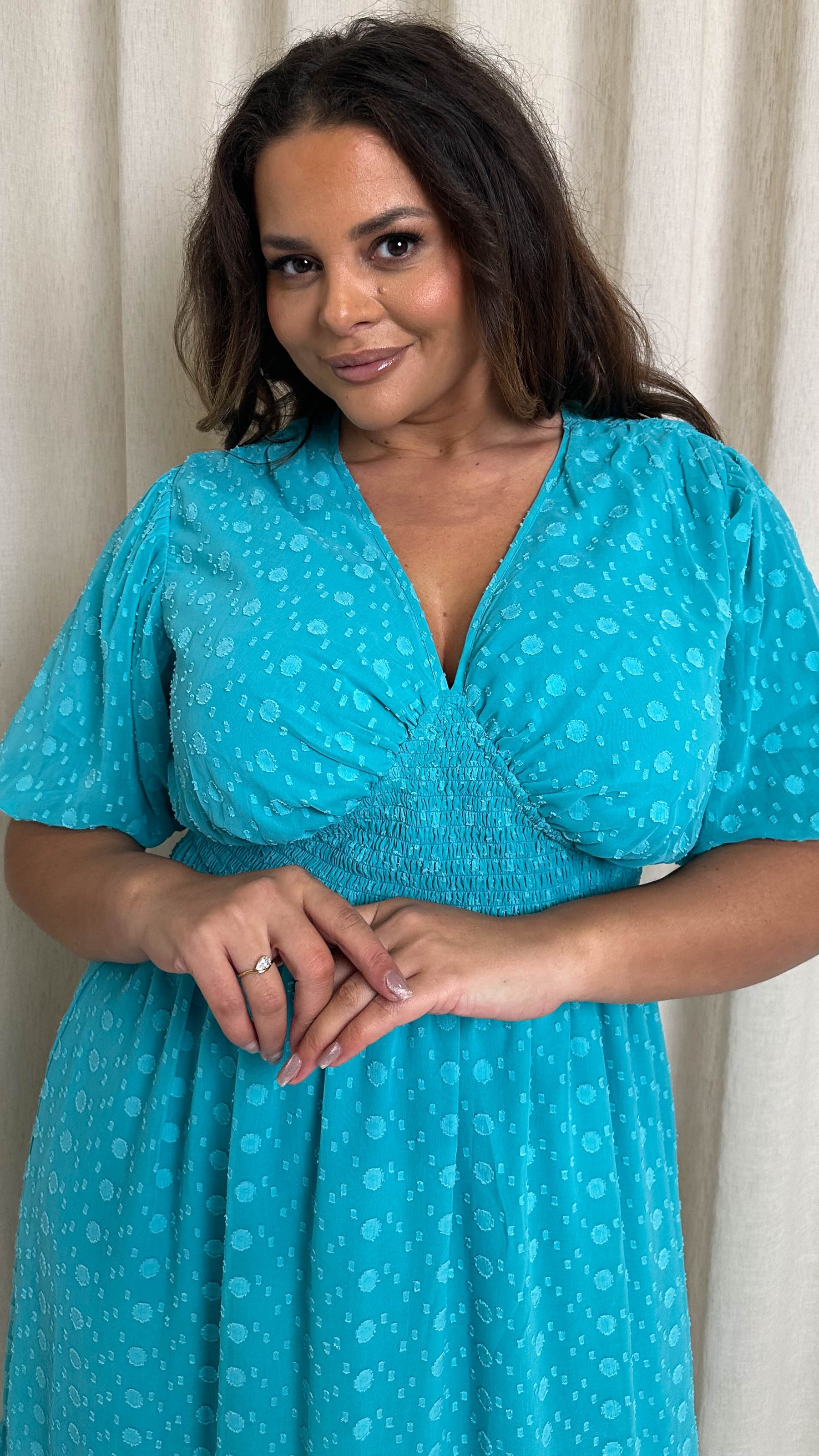 CurveWow Dobby Shiffly Puff Sleeve Vneck Maxi Dress Blue Curvewow CurveWow Dobby Shiffly Puff Sleeve Vneck Maxi Dress Blue Curvewow