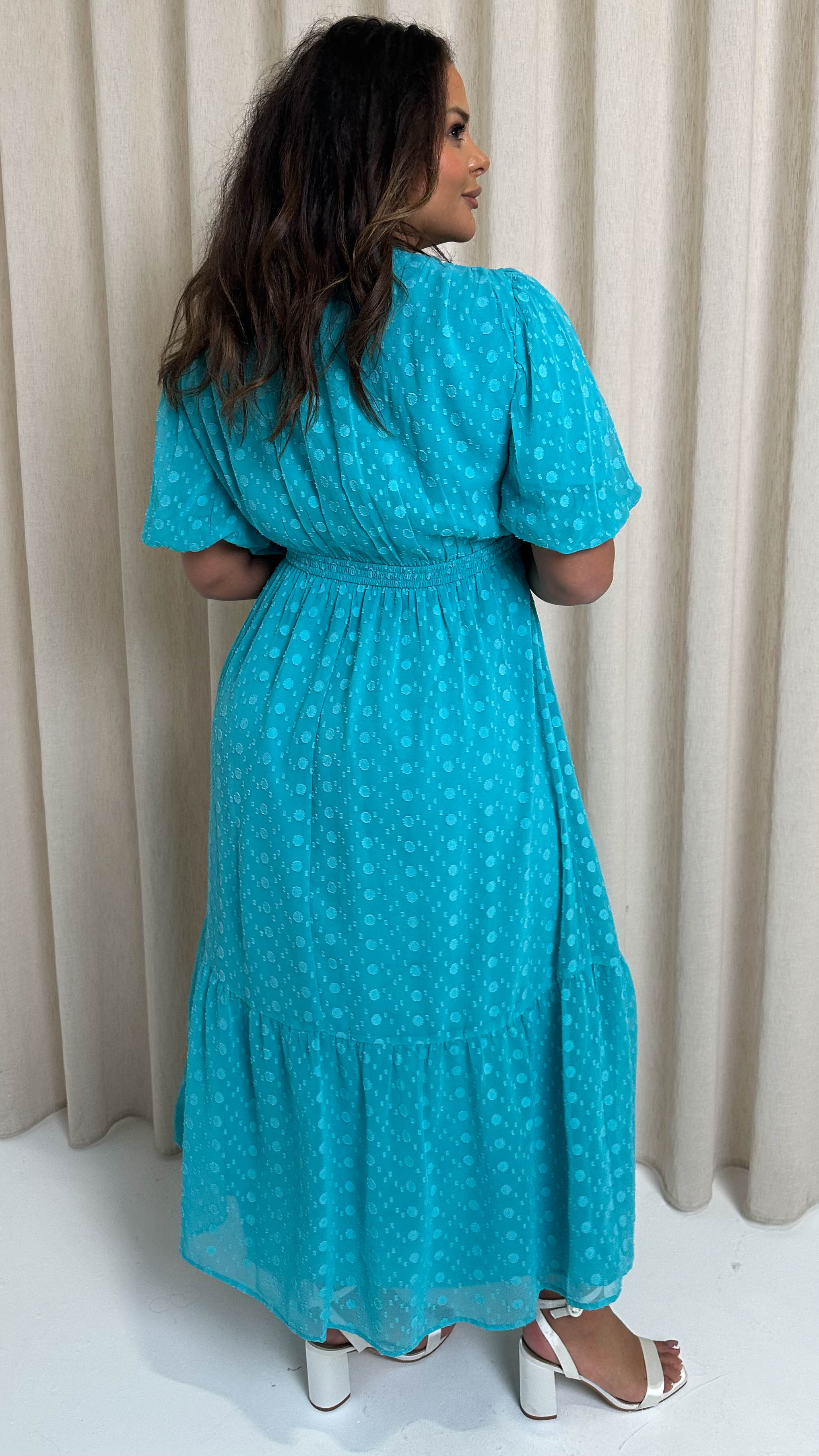 CurveWow Dobby Shiffly Puff Sleeve Vneck Maxi Dress Blue