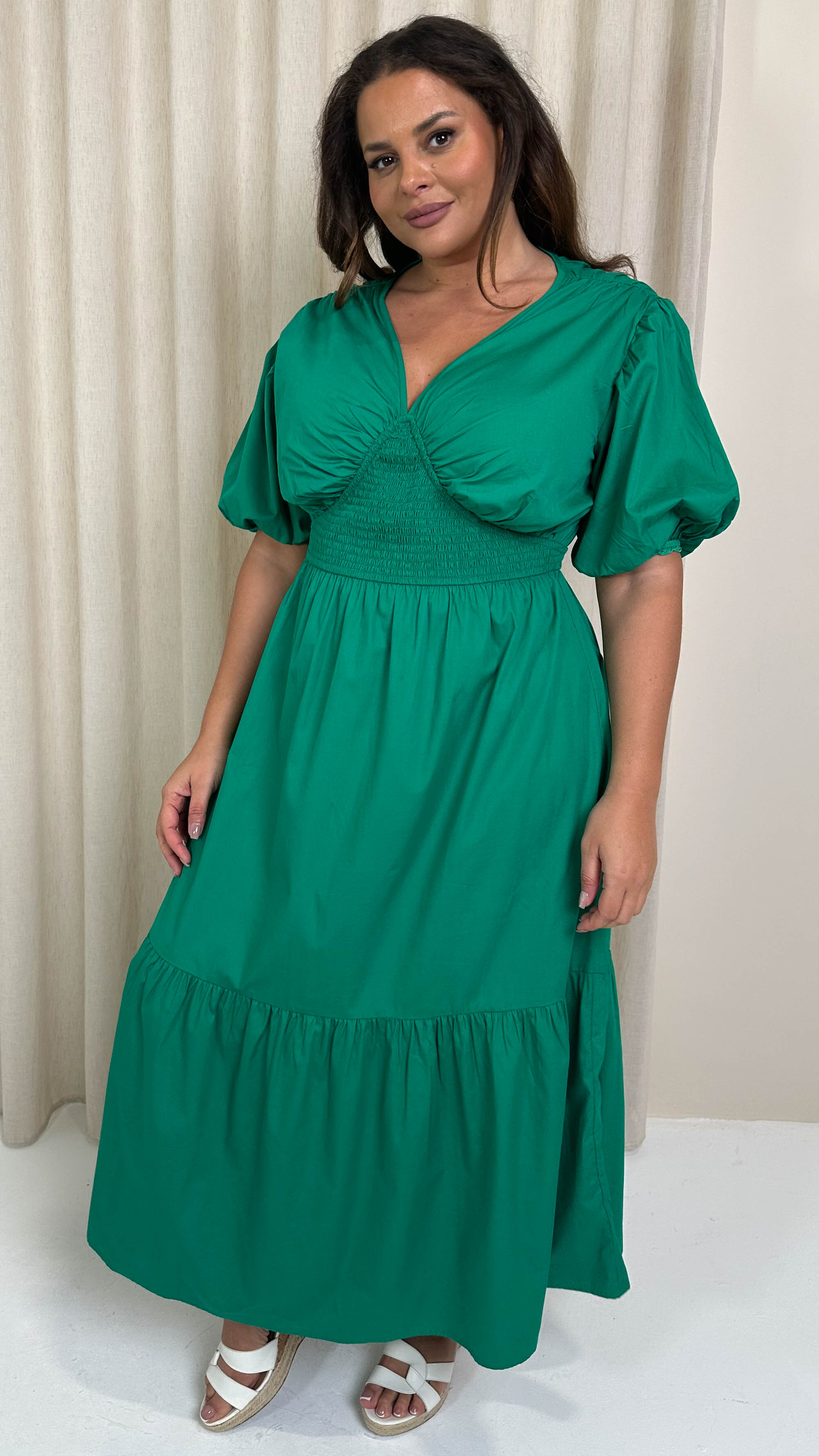 CurveWow Puff Sleeve Vneck Maxi Dress Emerald