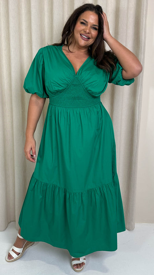 CurveWow Puff Sleeve Vneck Maxi Dress Emerald