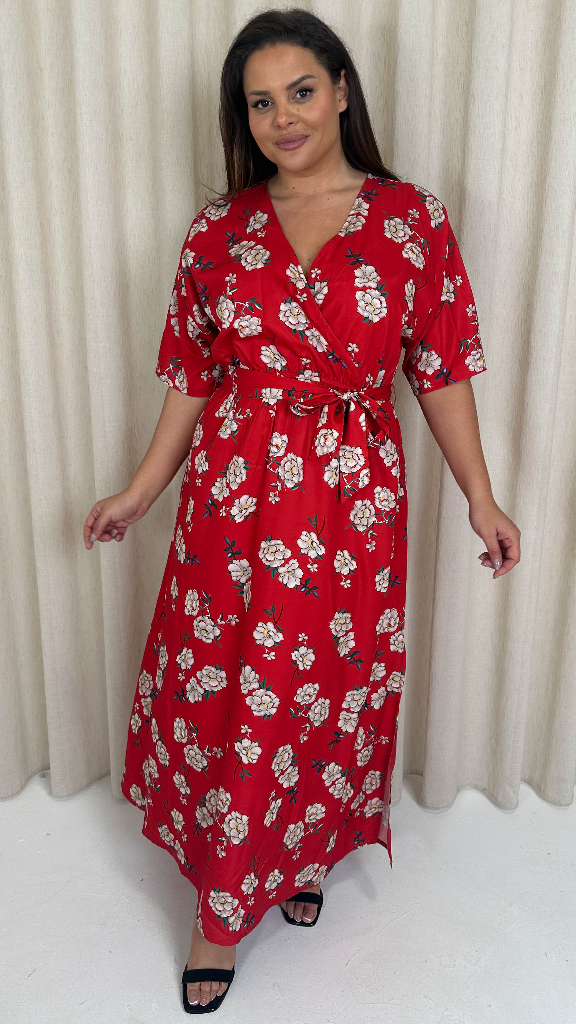 CurveWow Oriental Wrap Maxi Dress Red Floral