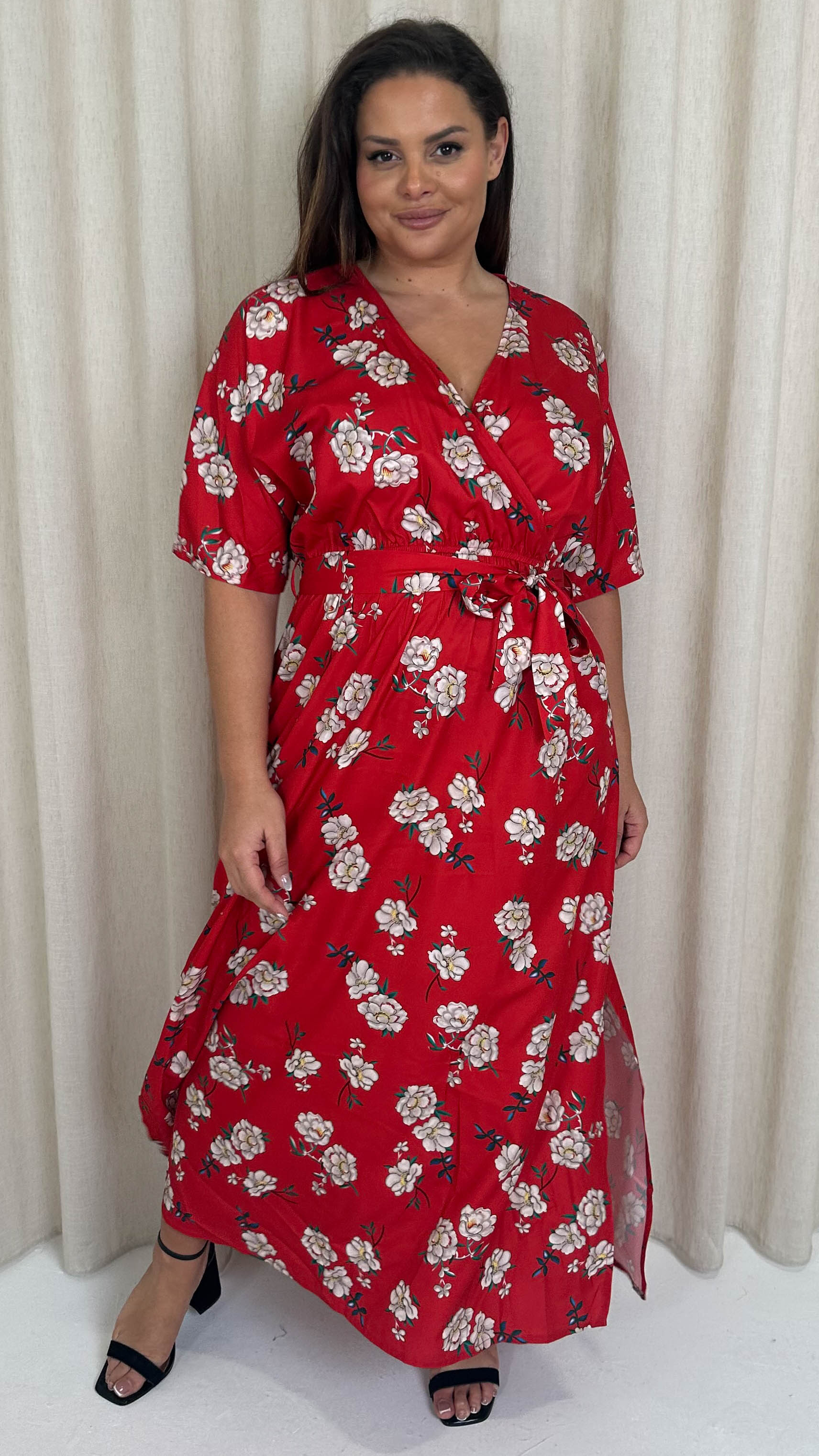 CurveWow Oriental Wrap Maxi Dress Red Floral