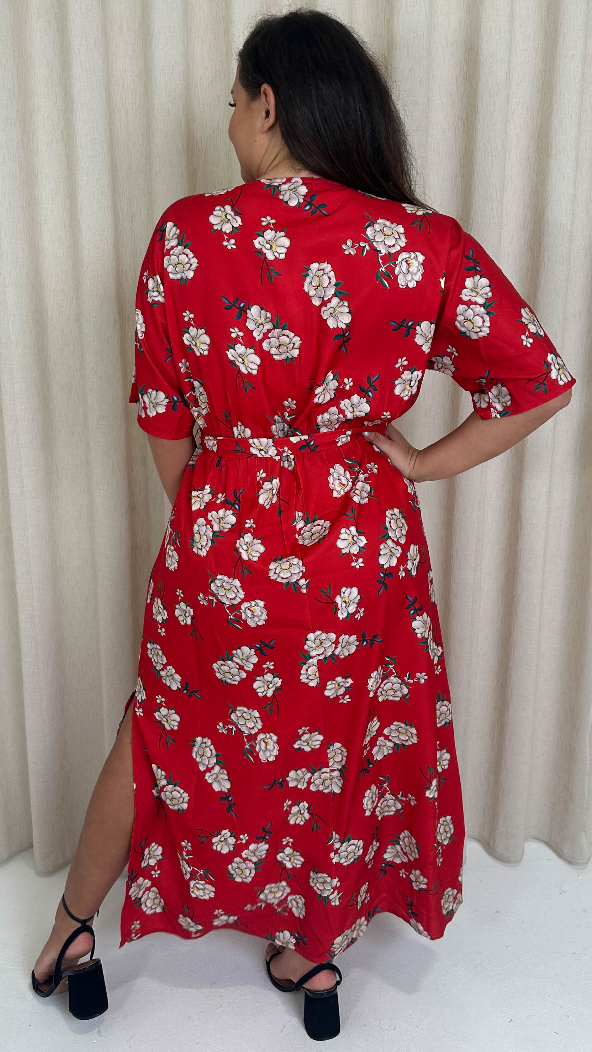 CurveWow Oriental Wrap Maxi Dress Red Floral