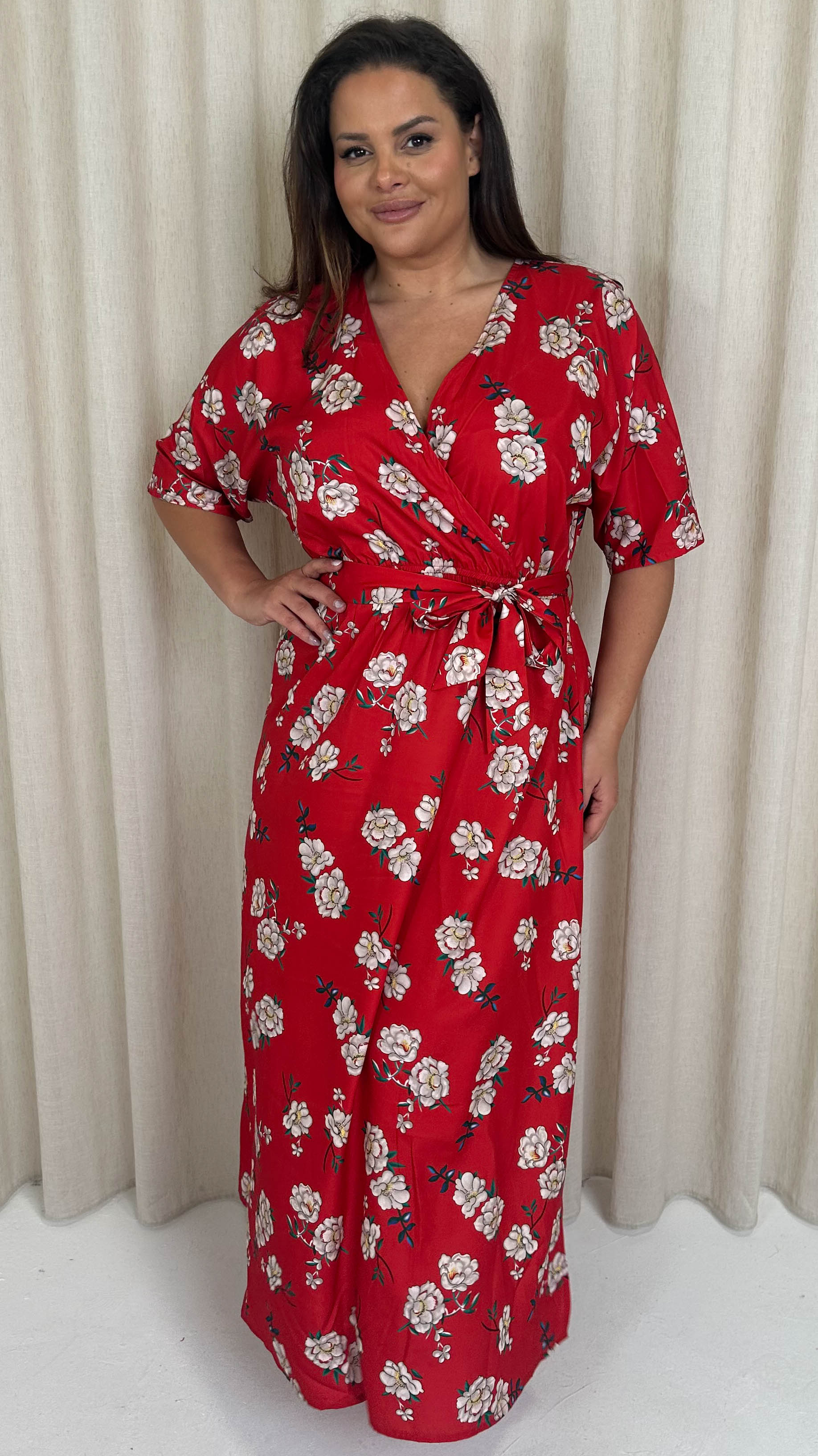 CurveWow Oriental Wrap Maxi Dress Red Floral