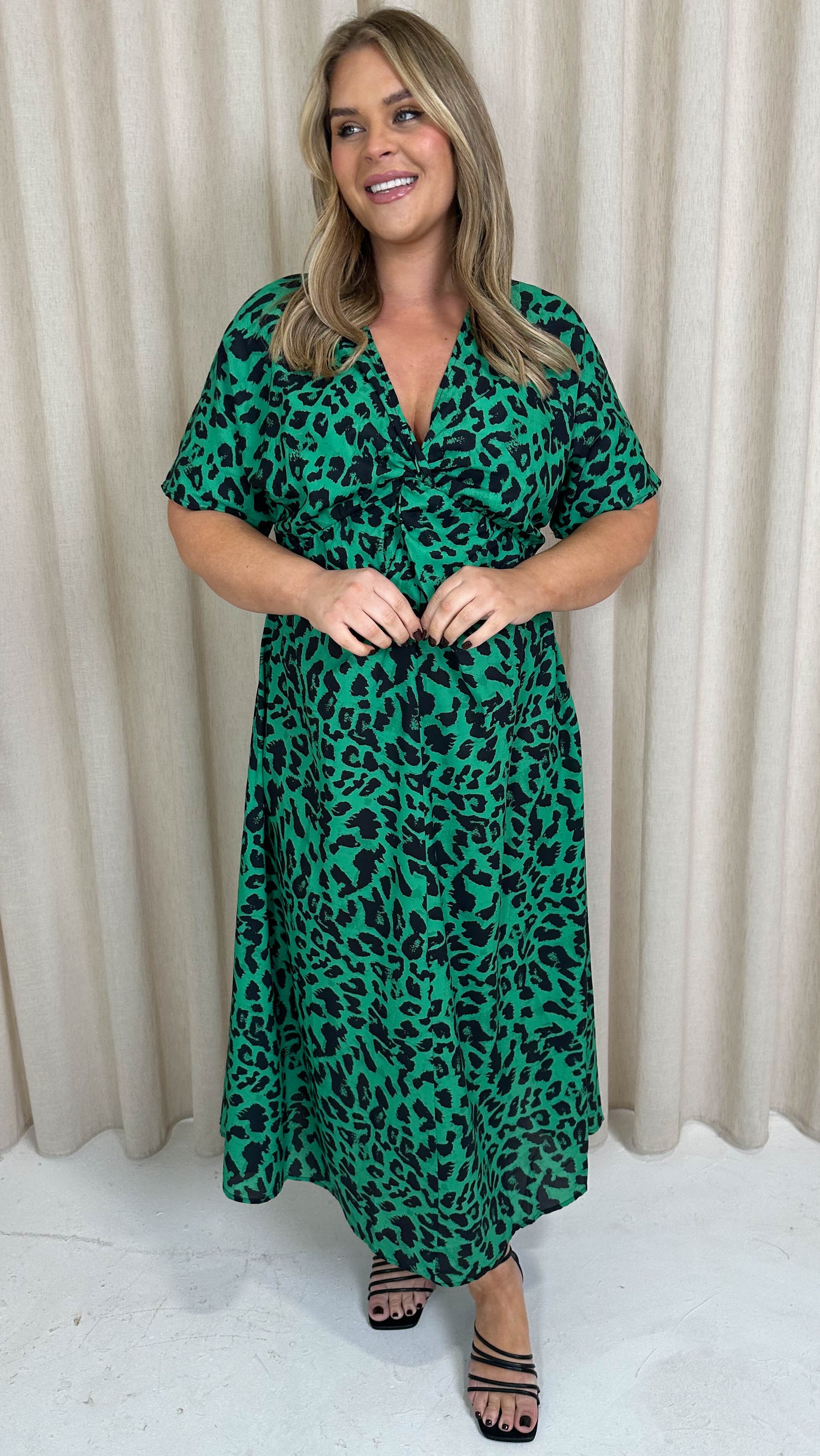 green tiger print dress Green Animal Print Jersey Midi Dress