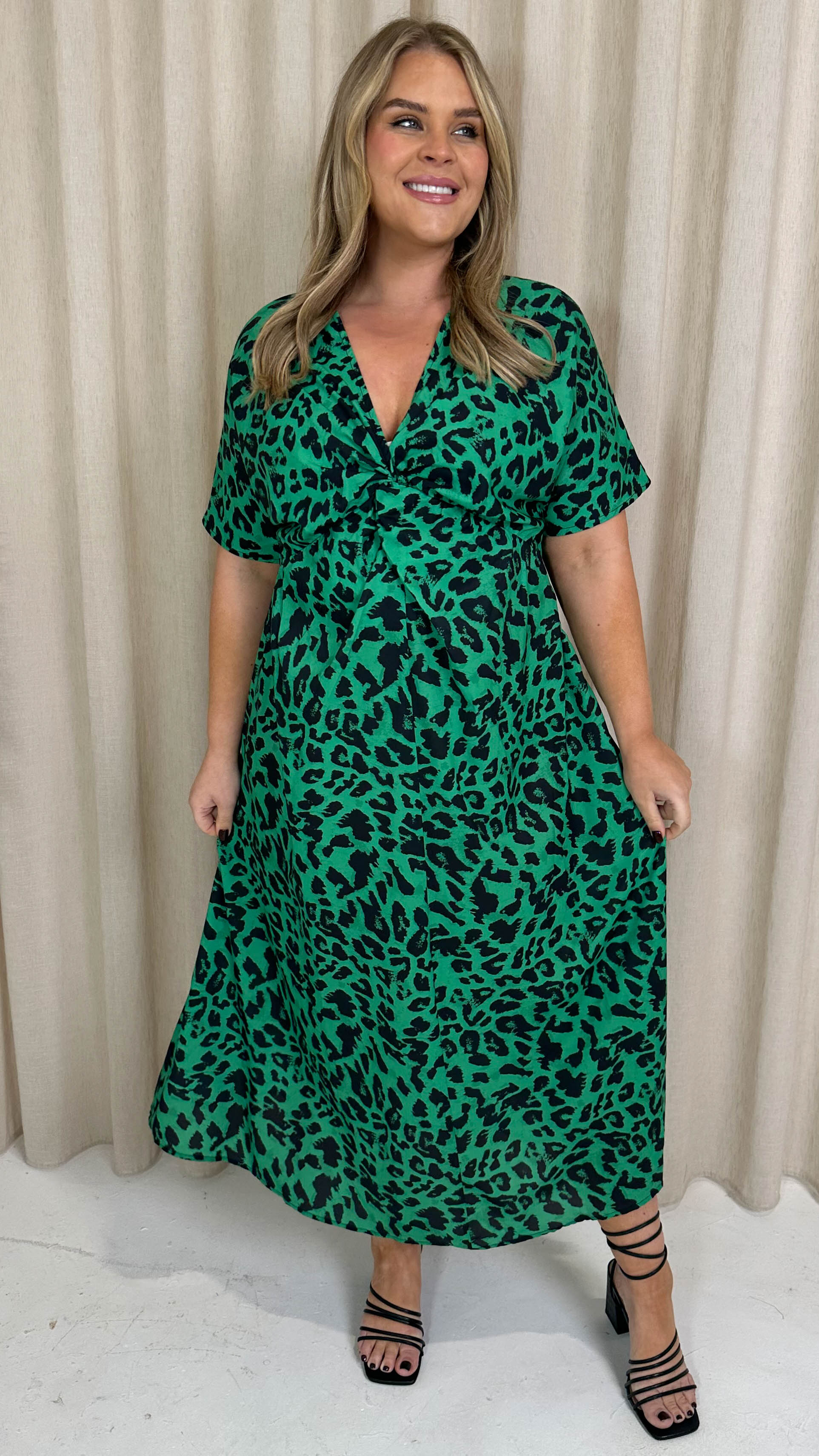 CurveWow Satin Knot Front Maxi Dress Green Animal Curvewow CurveWow Satin Knot Front Maxi Dress Green Animal Curvewow