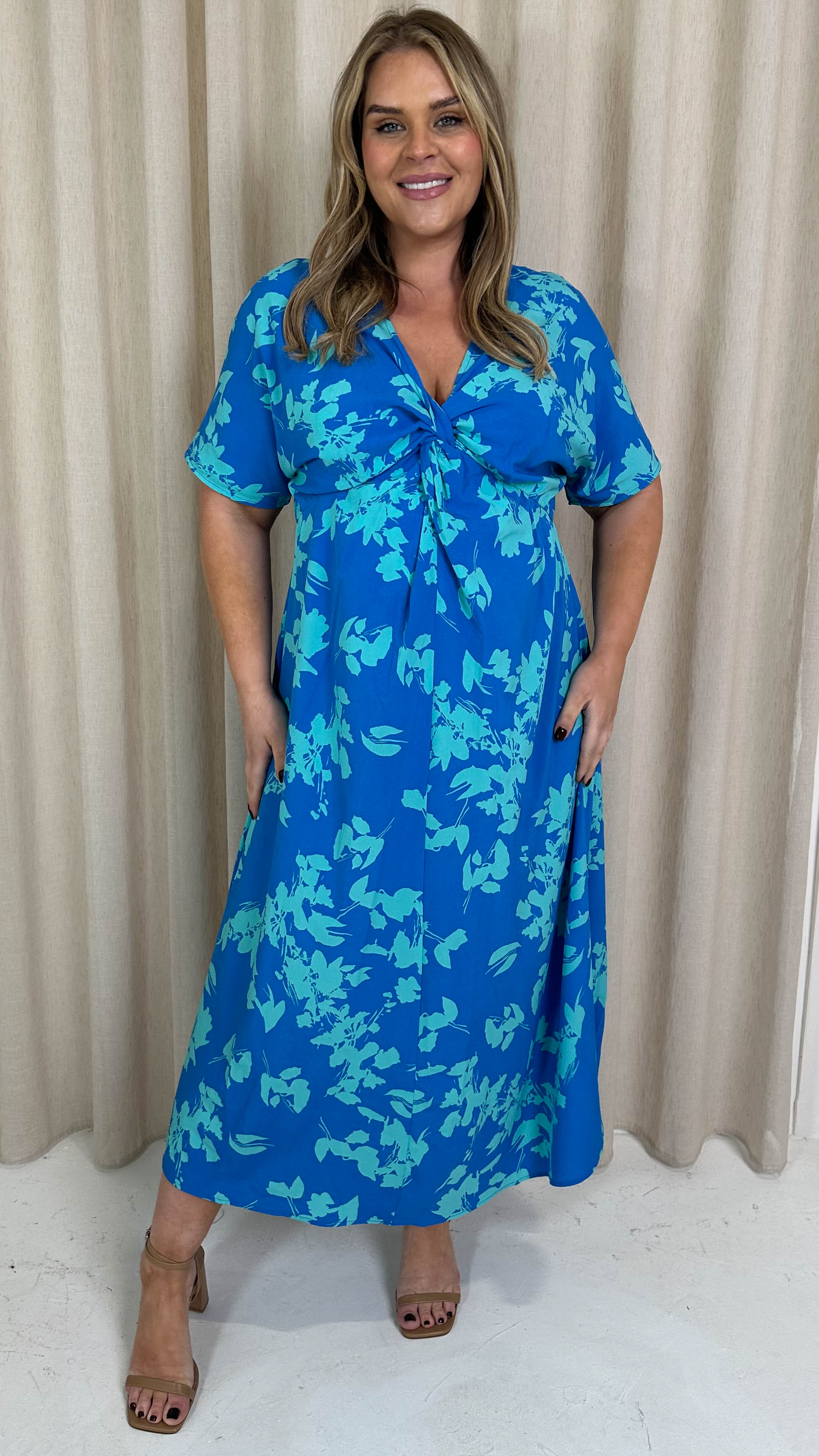 CurveWow Satin Knot Front Maxi Dress Blue Floral