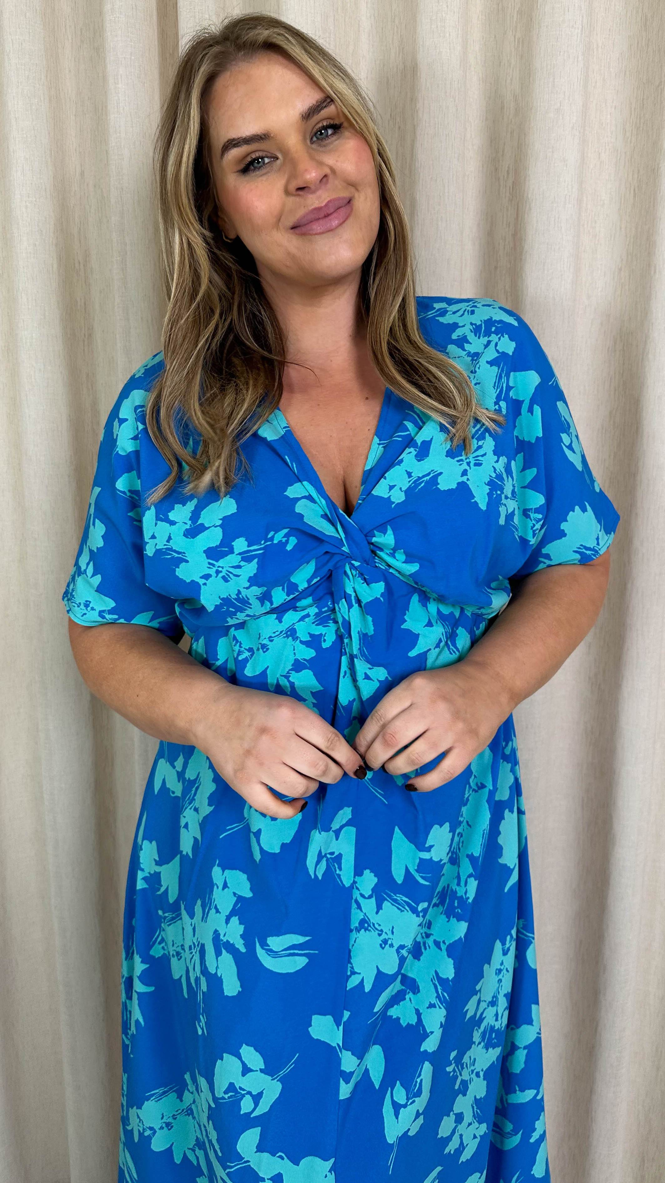 CurveWow Satin Knot Front Maxi Dress Blue Floral