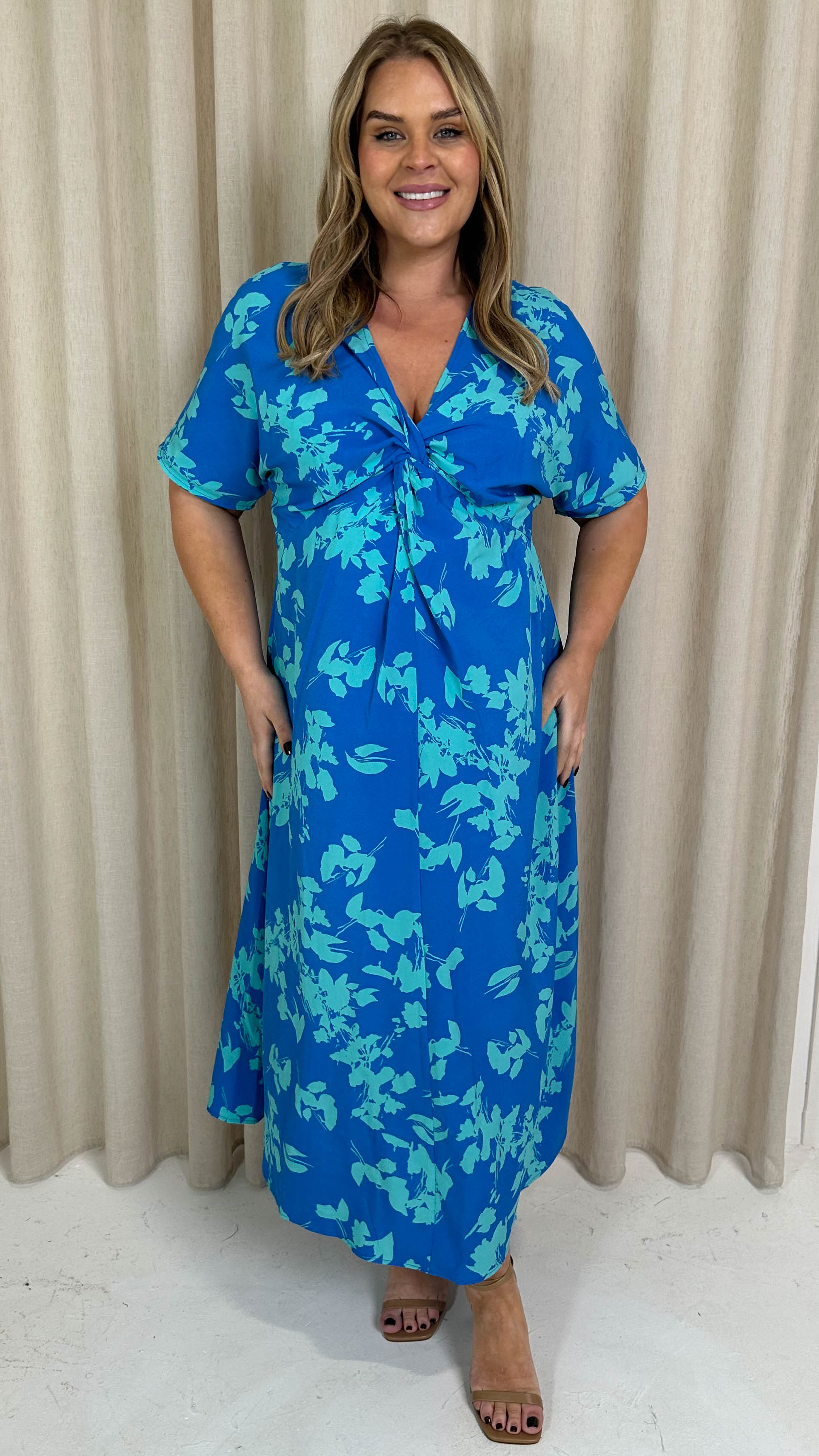 CurveWow Satin Knot Front Maxi Dress Blue Floral