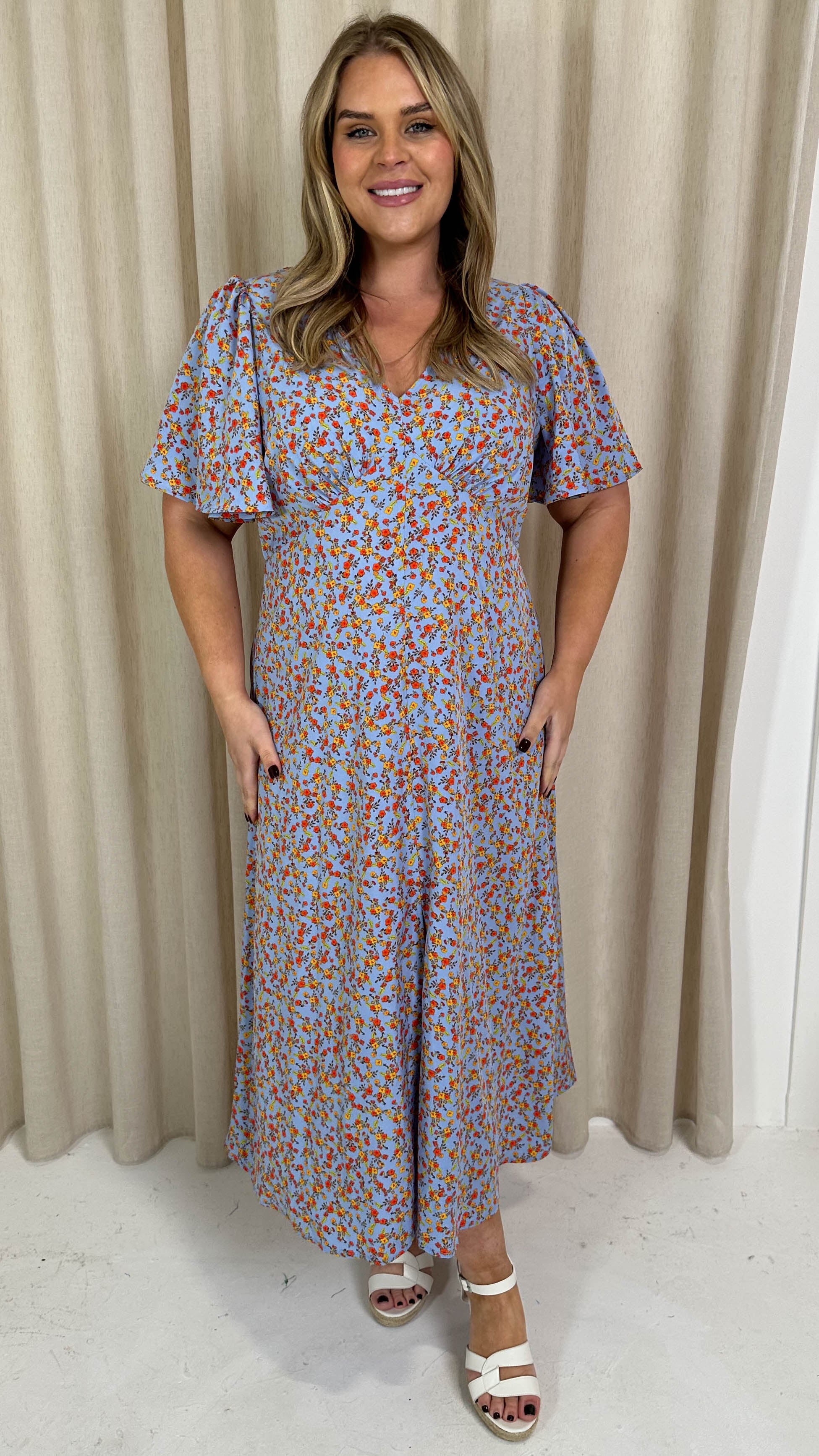 CurveWow V Neck Split Front Midaxi Dress Blue Ditsy