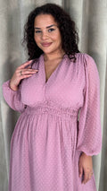 CurveWow Dobby Shirred Bodice Midi Dress Pink