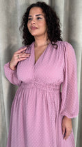 CurveWow Dobby Shirred Bodice Midi Dress Pink