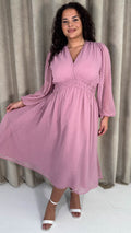 CurveWow Dobby Shirred Bodice Midi Dress Pink